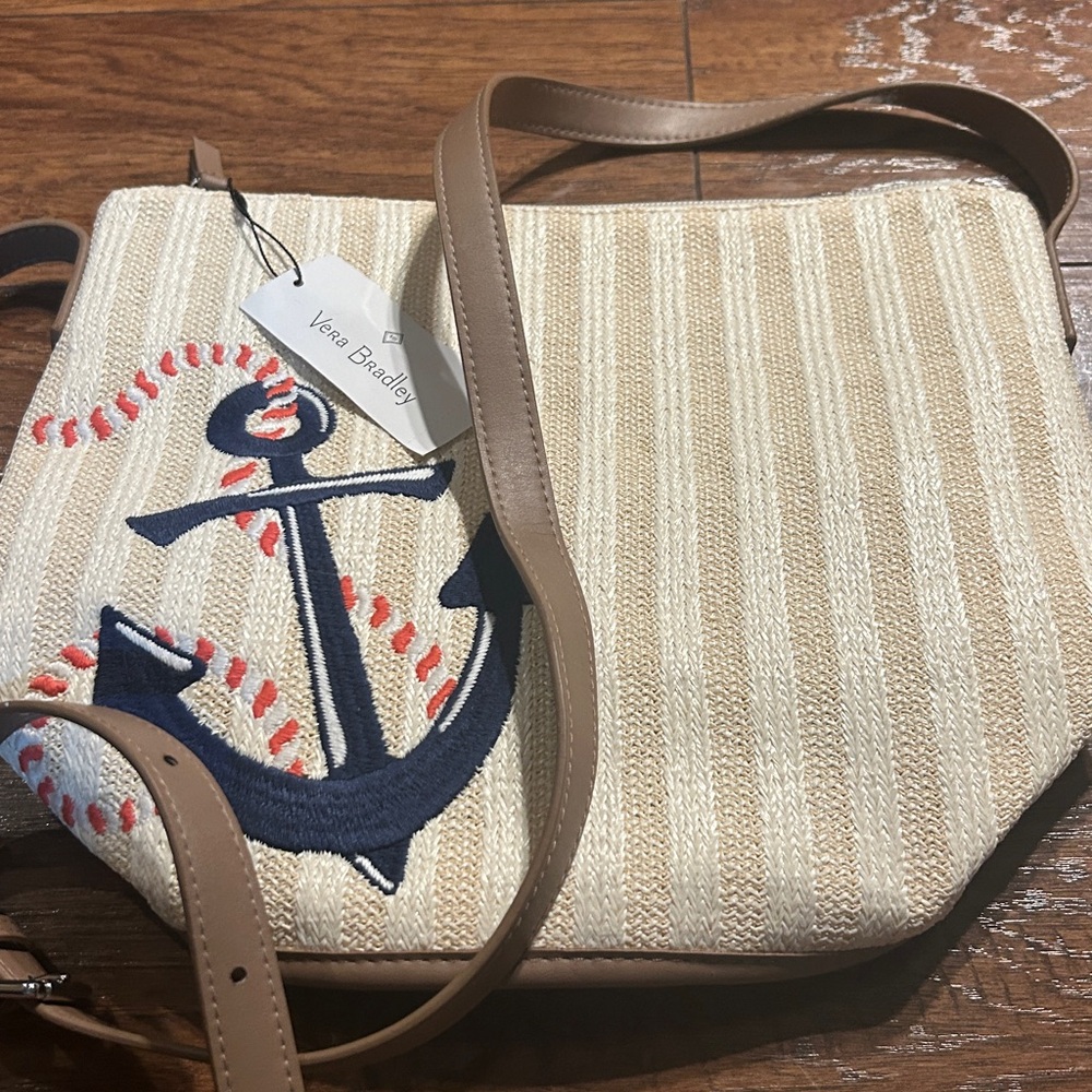 Vera Bradley Straw Bucket Crossbody Purse, Regatta Anchor Navy, One Size NWT - Picture 5 of 5